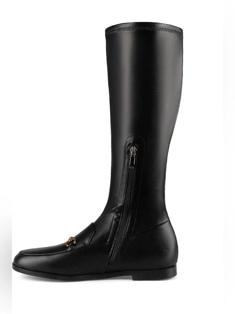 Knee High Boots for Women Almond Toe Buckle Boots Faux Leather Elastic Boot Side
